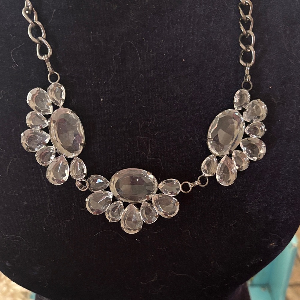 Silvertone Rhinestone Statement Bib Necklace - image 2